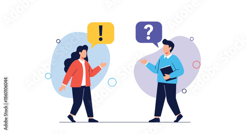 Two people walking and talking with speech bubbles containing exclamation and question marks symbolizes active dialogue and inquiry.