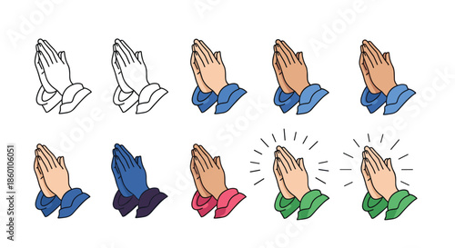 Collection of hands in prayer position shown in various styles including line art, flat color, and glowing effects for religious or spiritual design.