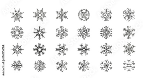 Detailed set of twenty four unique snowflake illustrations in black line art style for winter holiday decorations and seasonal designs.