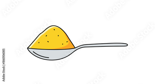 Simple illustration of a metal spoon holding a large heap of yellow spice or turmeric powder for cooking and healthy living concepts.