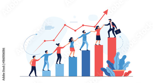 Team of professionals helping each other climb up a bar graph towards success and growth in a collaborative business environment concept.