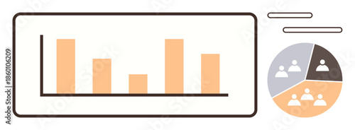 Bar chart and demographic pie chart next to text lines, showcasing data comparison and analysis. Ideal for analytics, demographics, business, finance, planning, strategy education. Simple flat