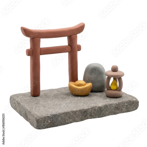 Clay Diorama of Japanese Torii Gate Lantern and Gold Ingot on Stone Slab Base with Transparent Background