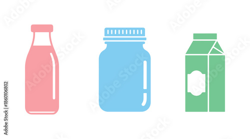 Icon Set of Milk Jar and Bottle – Flat Vector Illustration of Dairy Drinks, Farm Products, and Beverage Symbols


