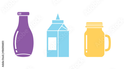 Milk Jar and Bottle Icon Collection – Symbols for Dairy Drinks, Farm Products, and Beverages, Flat Vector Art