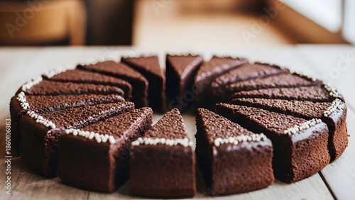 Top View of Sliced Chocolate Cake Circle with White Cream Dots Decoration on Wooden Background