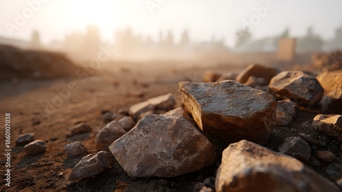 Wallpaper Mural Close up of textured rocks scattered on dry dusty ground in warm hazy sunlight Torontodigital.ca