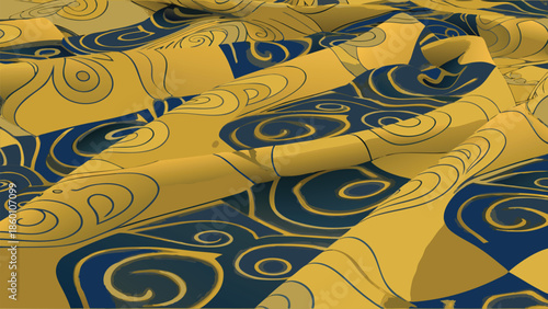 Vibrant swirling patterns on crumpled yellow and blue fabric