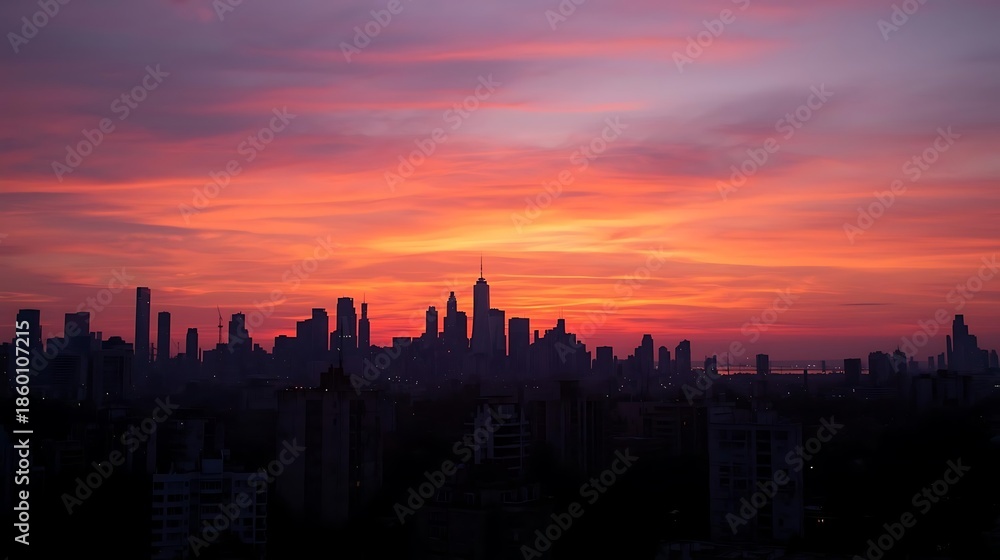 Fototapeta premium Vibrant city skyline at sunset