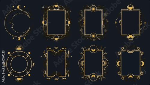 Golden Celestial Boho Frames and Crescent Moon Line Art Vector Collection