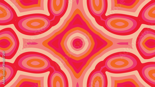 Vibrant abstract geometric pattern with concentric circles and shapes in red, orange, and pink hues