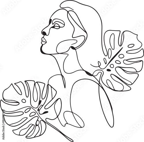 An elegant, minimalist illustration uses a single continuous line to depict a woman's face in profile, beautifully framed by large, stylized monstera leaves, blending botanical and feminine themes.