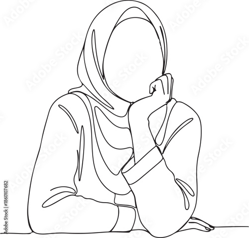 Minimalist Line Art Drawing of a Muslim Woman in Hijab Sitting and Thinking