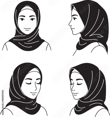 Set of Portraits of Beautiful Muslim Women Wearing Hijab Line Art Illustration