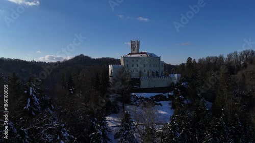 Aerial Golden Hour Winter Video of Trakošćan Castle, Snowy Castle at Sunset in Croatia