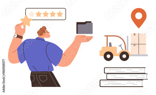 Man holding a star and folder near cart, books, map pin, reflecting tasks thumbs up rating, organization, and logistics. Ideal for customer service, efficiency, logistics workforce knowledge