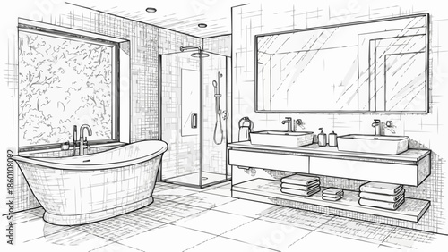 Modern Bathroom Design Sketch with Bathtub and Double Vanity.