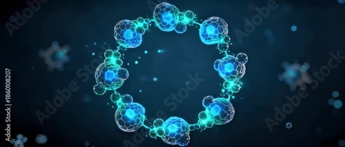Digital representation of interconnected cellular structures forming a cyclical network, symbolizing advanced biological research and technological innovation in a futuristic context