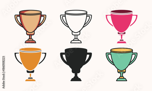 Colorful Trophy Cup Icon Pack – Gold Black Pink Green Award Symbols on Light Background
