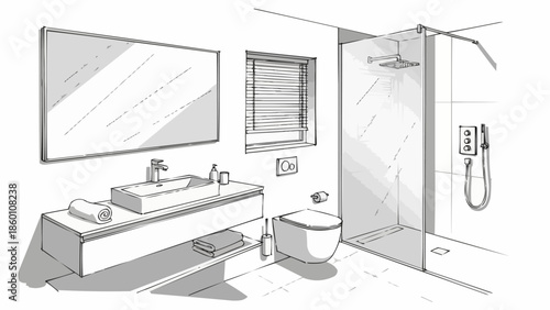 Modern Bathroom Design Sketch with Sink Shower and Toilet.