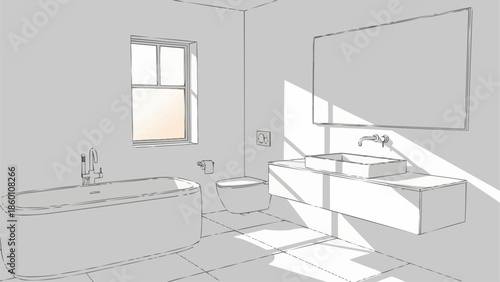 Modern Bathroom Design Sketch with Sunlight and Shadows.