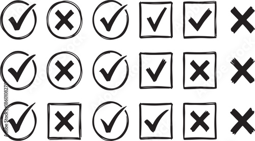Hand-Drawn Sketch Style Checkmark and Cross Icons - Black and White Validation Symbols