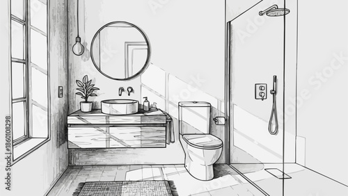 Modern Bathroom Design Sketch with Shower and Vanity.