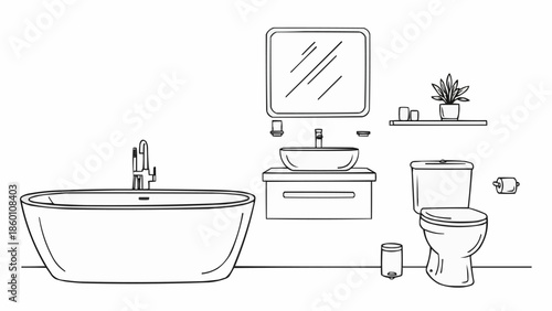 Modern Bathroom Interior Design Sketch with Bathtub and Toilet.