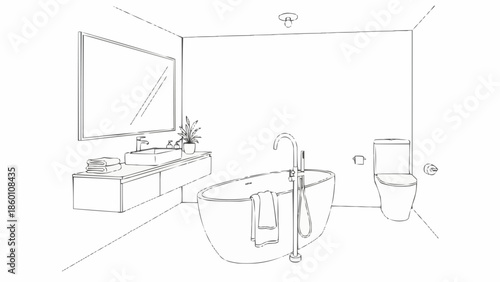 Modern Bathroom Interior Design Sketch with Bathtub and Vanity.