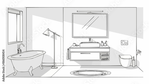 Modern Bathroom Interior Design Sketch with Bathtub and Vanity.