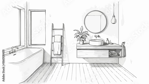 Modern Bathroom Interior Design Sketch with Bathtub and Vanity.