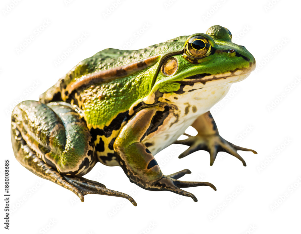 Fototapeta premium A green frog sitting on a black background looking to the right