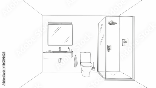 Modern Bathroom Interior Design Sketch with Shower and Sink.