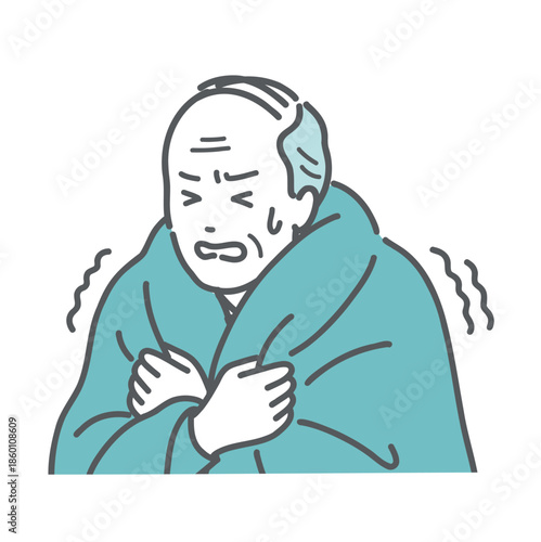 寒気でガタガタ震える高齢男性のイラスト