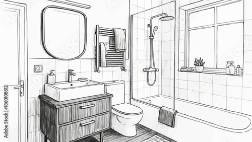 Modern Bathroom Interior Design Sketch with Fixtures and Vanity.