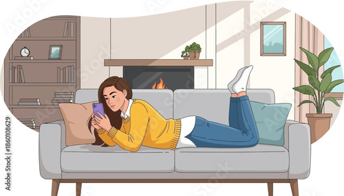 Young woman relaxing on sofa with laptop in cozy living room