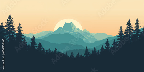 A breathtaking nature landscape captures the misty morning sunrise and blue dusk sunset over forest hills where clouds and fog silhouette the mountain horizon under a glowing sky