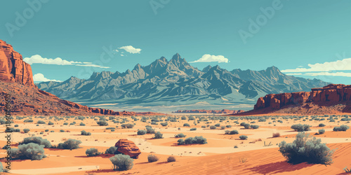 A scenic summer panorama of a winding road through a rocky mountain valley under a sunset sky with clouds and snow-capped peaks