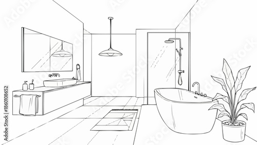 Modern Bathroom Interior Sketch Design with Bathtub and Shower.