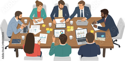 Business Team Meeting with Charts and Laptops in Conference Room