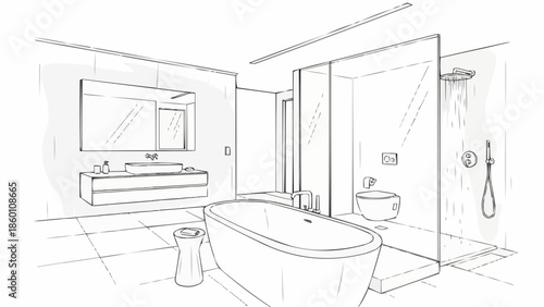Modern Bathroom Interior Sketch Design with Bathtub and Shower.