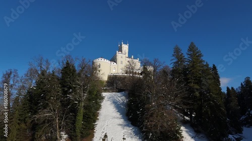 Aerial Golden Hour Winter Video of Trakošćan Castle, Snowy Castle at Sunset in Croatia