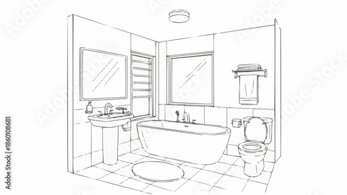 Modern Bathroom Interior Sketch with Bathtub and Sink.