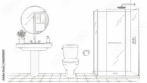 Modern bathroom interior sketch with shower and sink.