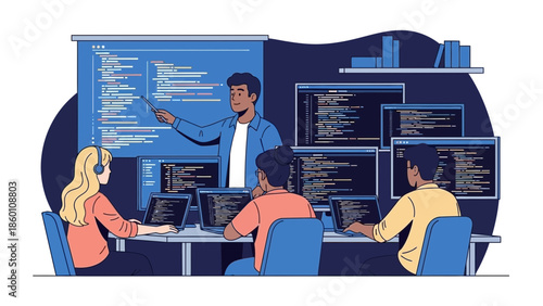 Software Developers Collaborating in a Modern Tech Workspace