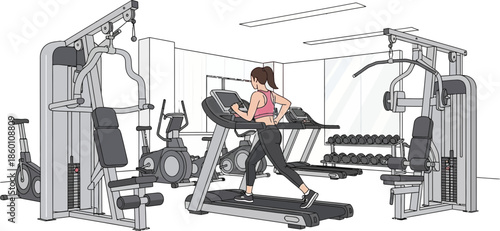 Woman Exercising on Treadmill in Gym Workout Environment