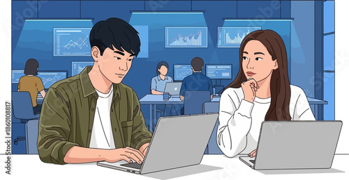 Young Professionals Discussing Work in Modern Office Environment