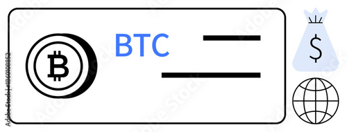 Bitcoin symbol and BTC text alongside a financial bag icon and globe graphic. Represents cryptocurrency payment, global finance, blockchain technology. Ideal for fintech, e-commerce, online payments