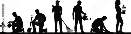 WebSet of gardening people silhouettes planting watering and digging with tools, agriculture worker collection, cad drawing flat vector illustration