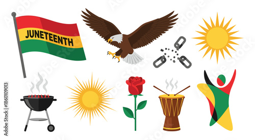 Juneteenth celebration of freedom, emancipation, and African American heritage through diverse symbolic elements like the flag, eagle, broken chains, BBQ, drums, and a vibrant community spirit